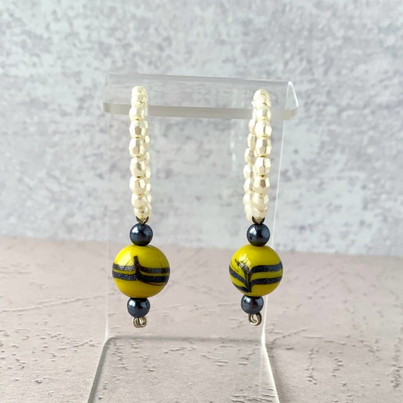 Line Dancer - Yellow and Blue Glass Hoop Earrings - Picture 2 of 5